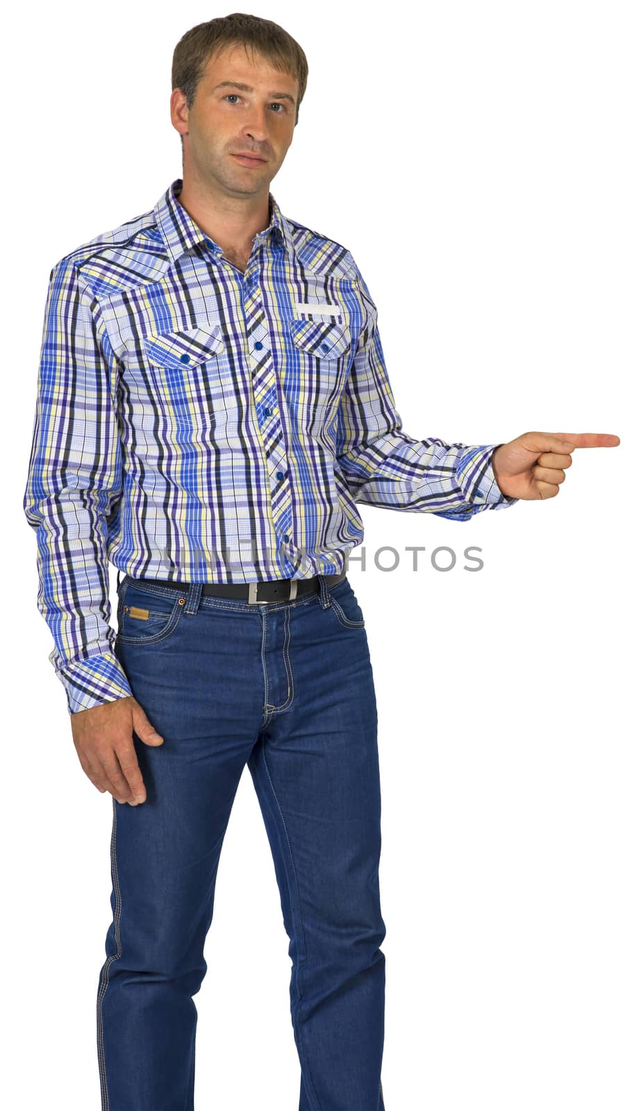 Portrait of young man pointing left hand side. white background