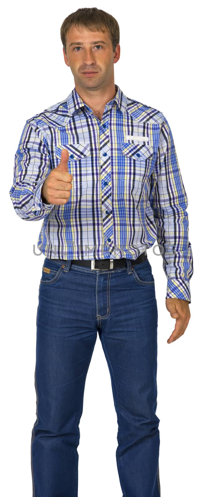 Portrait of young man showing thumb up. white background