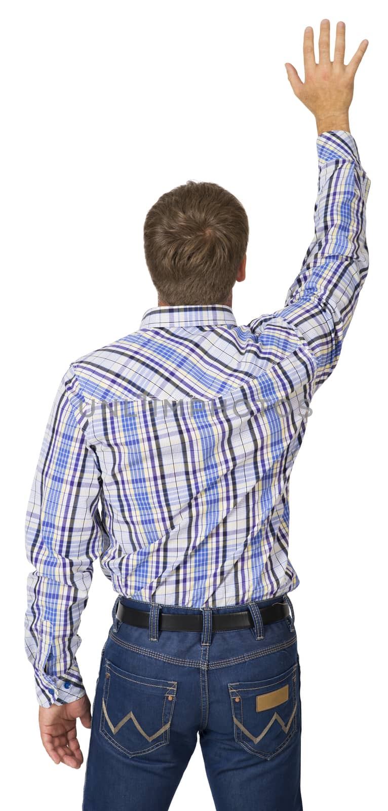 Portrait of a young man raised his hand up. Back view. White background