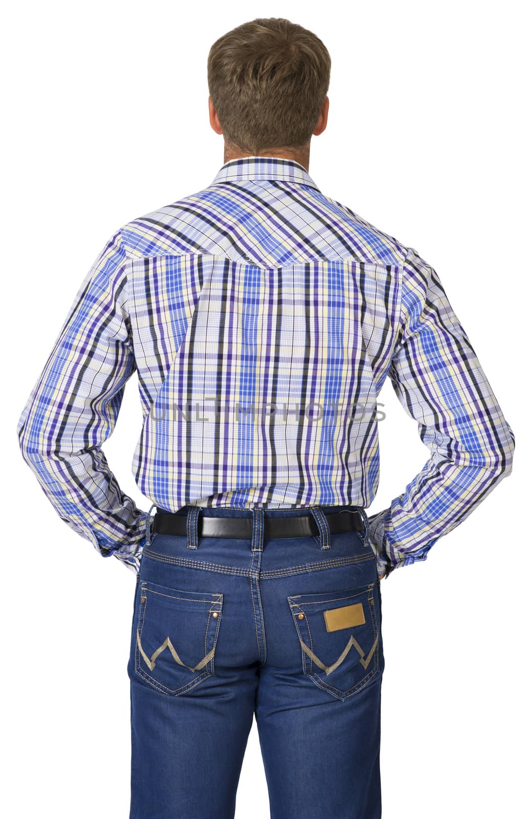 Portrait young man. Hands in pockets of jeans. Back view. White background