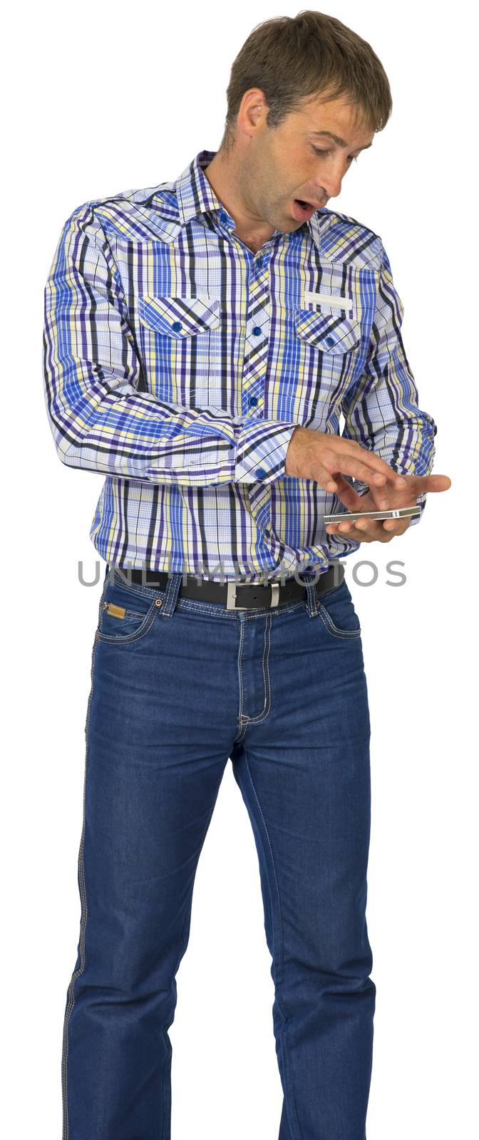 Portrait of man using his smart phone against white background