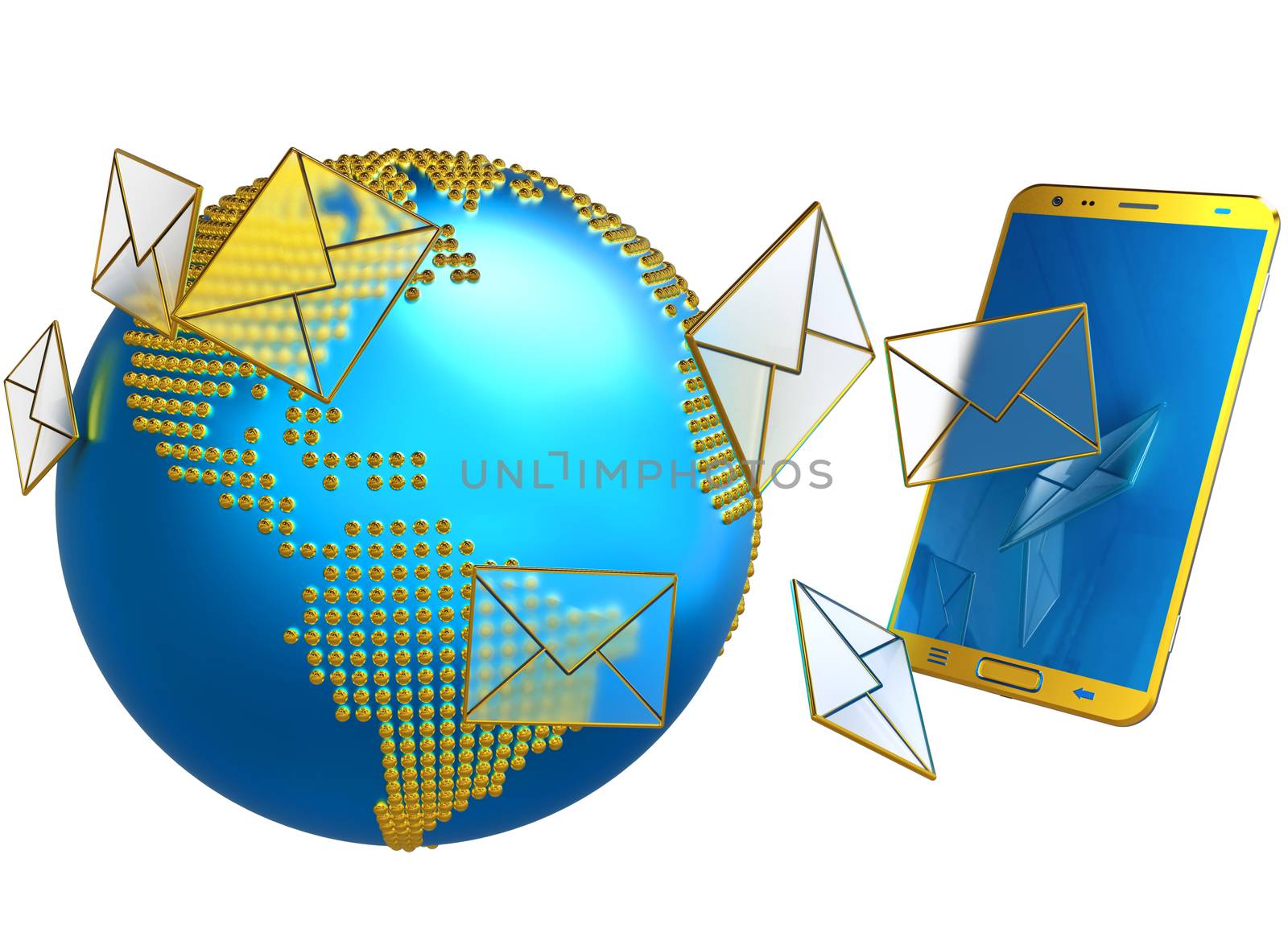A lot of envelopes, as e-mail or sms, sent to the mobile phone with blue screen. 3d illustration concept background.