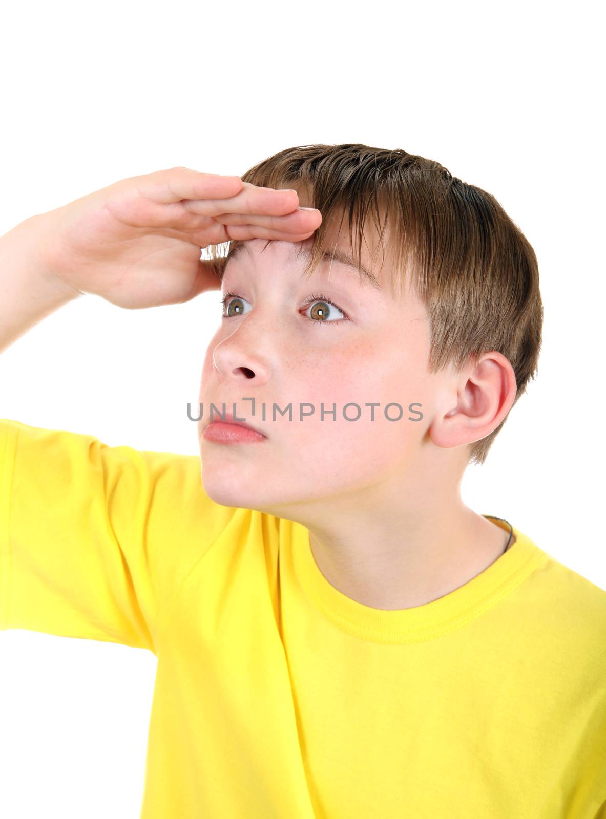 Kid looking outside Isolated on the White Background