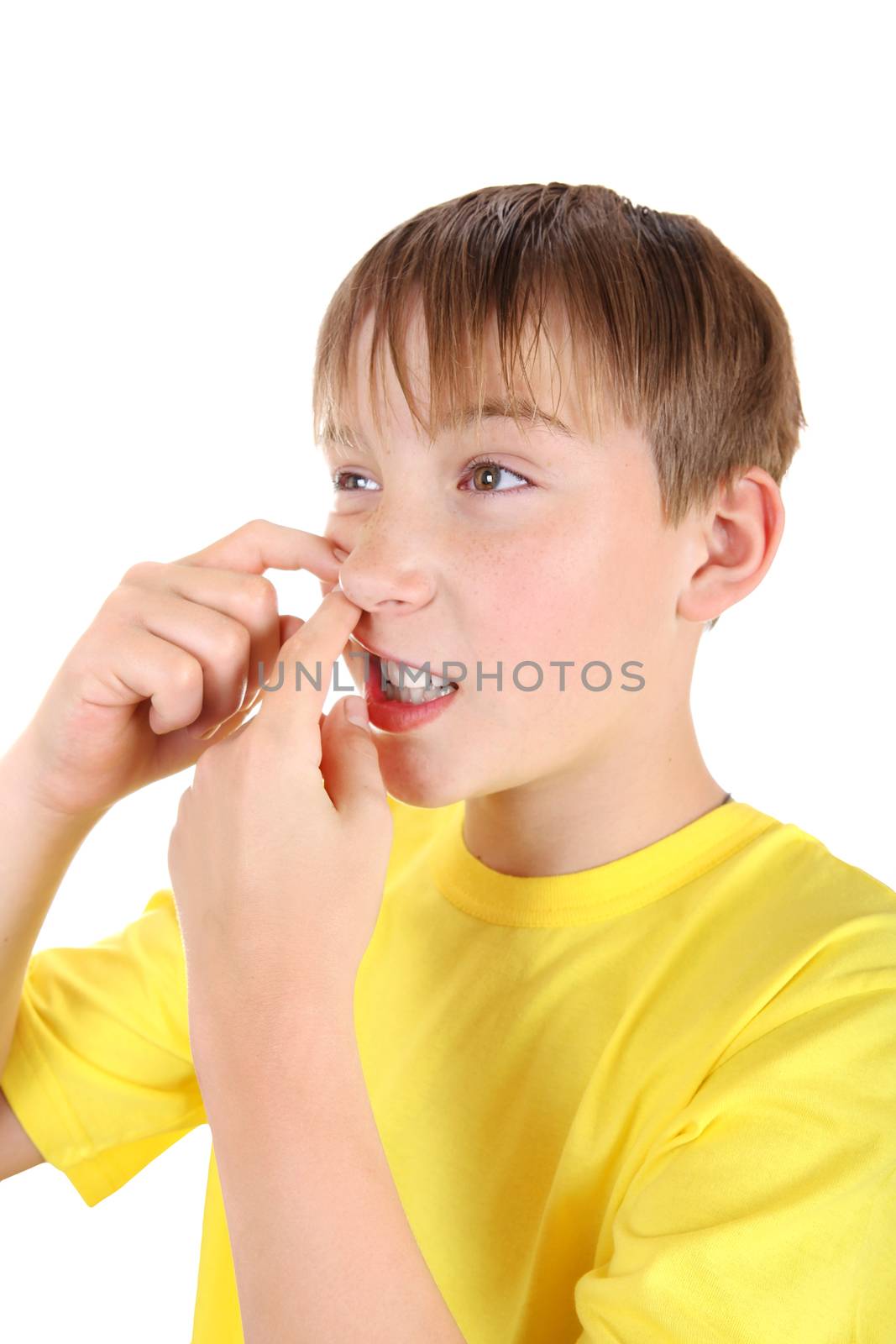 Kid with Pimple Isolated on the White Background