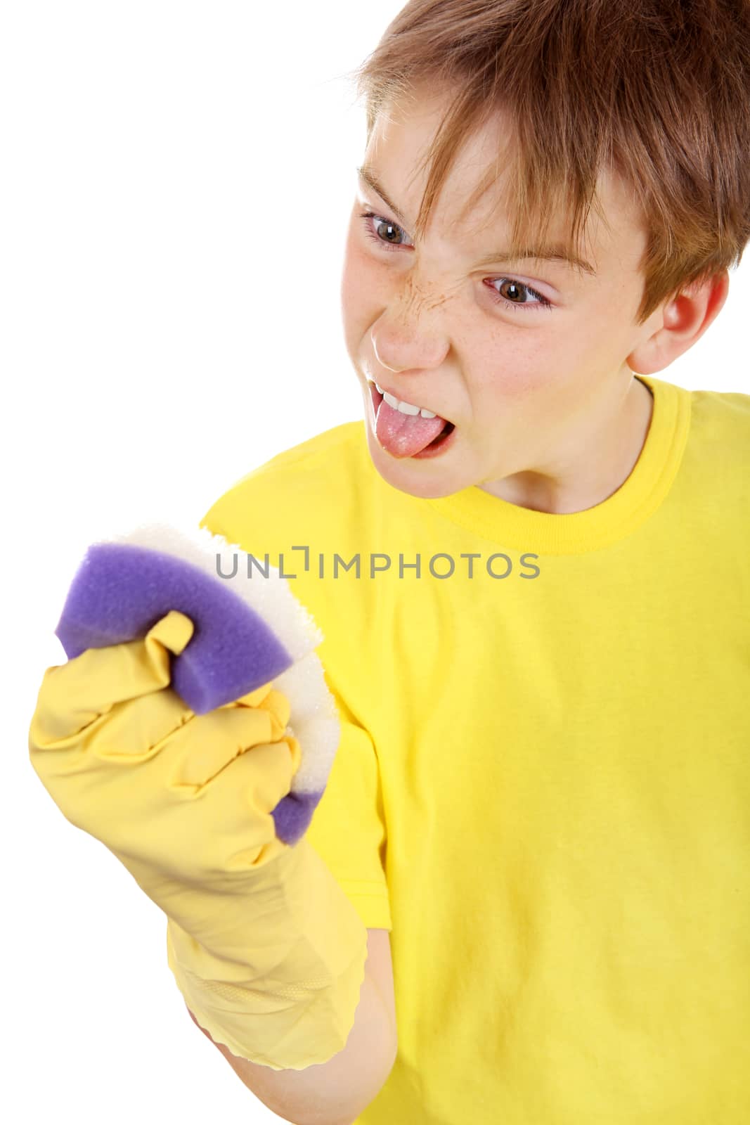 Annoyed Kid with Bath Sponge and Rubber Gloves Isolated On The White Background