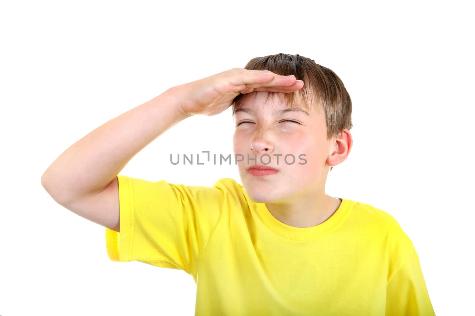Kid looking outside Isolated on the White Background
