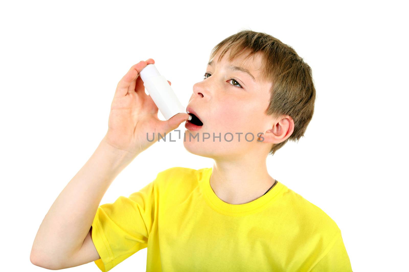Kid using Inhaler Isolated on the White Background