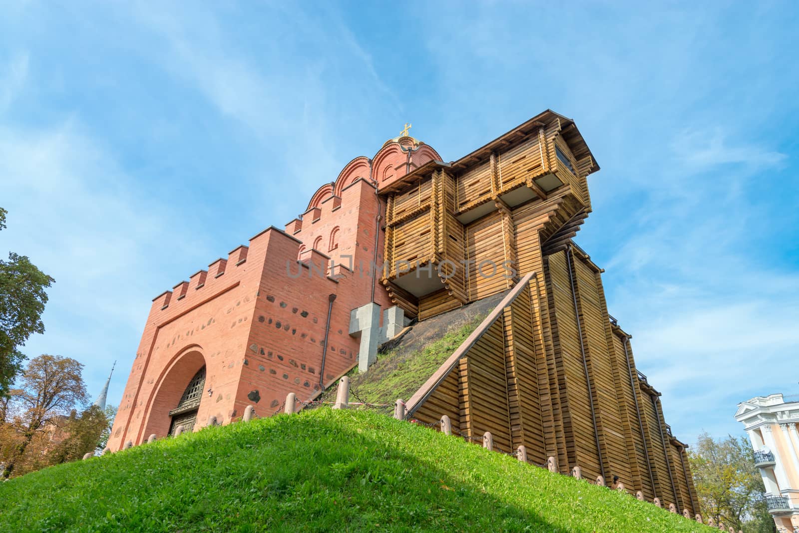 Golden gate archaeological monument in Kiev, Ukraine on green hill