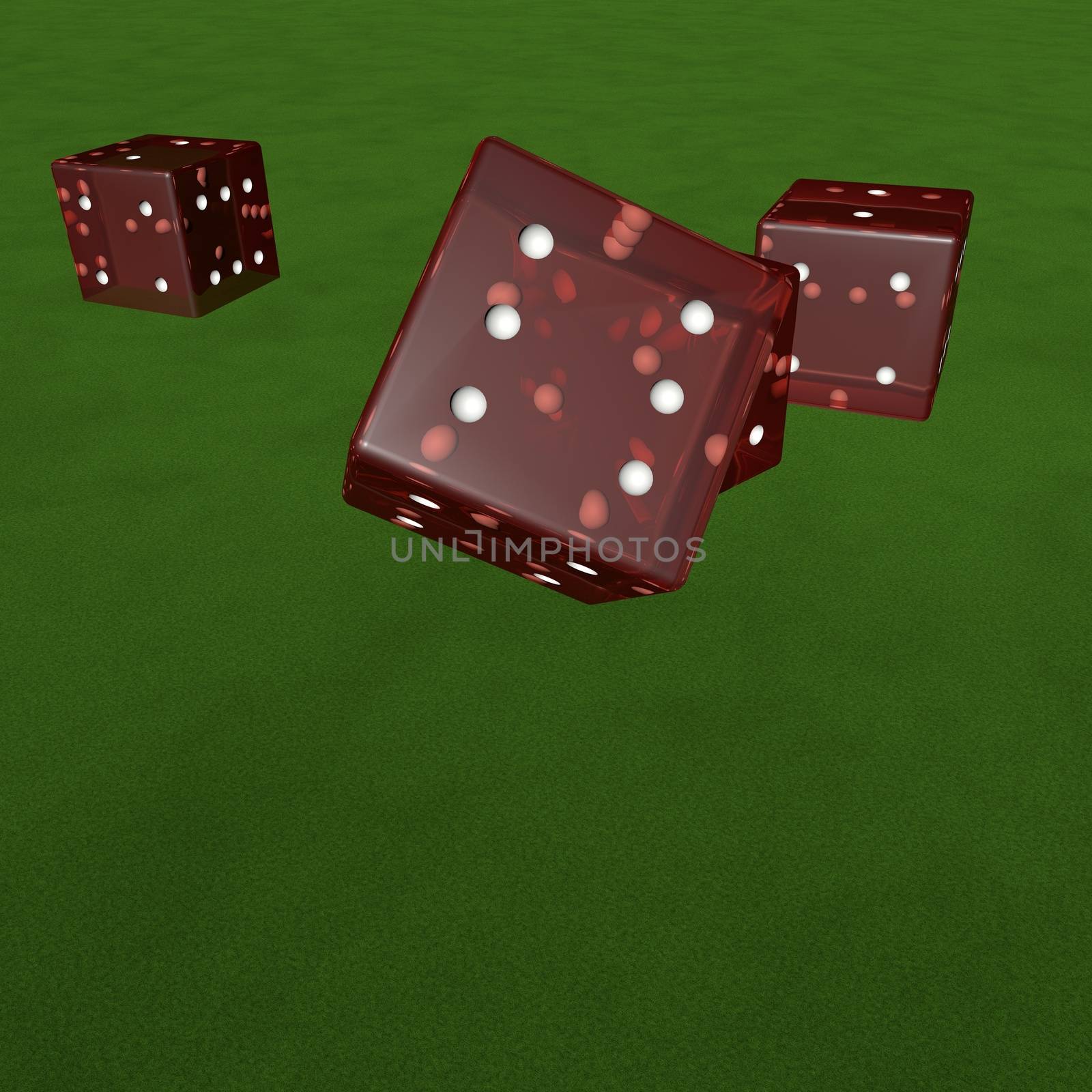 Rolling dice over green carpet, 3d render