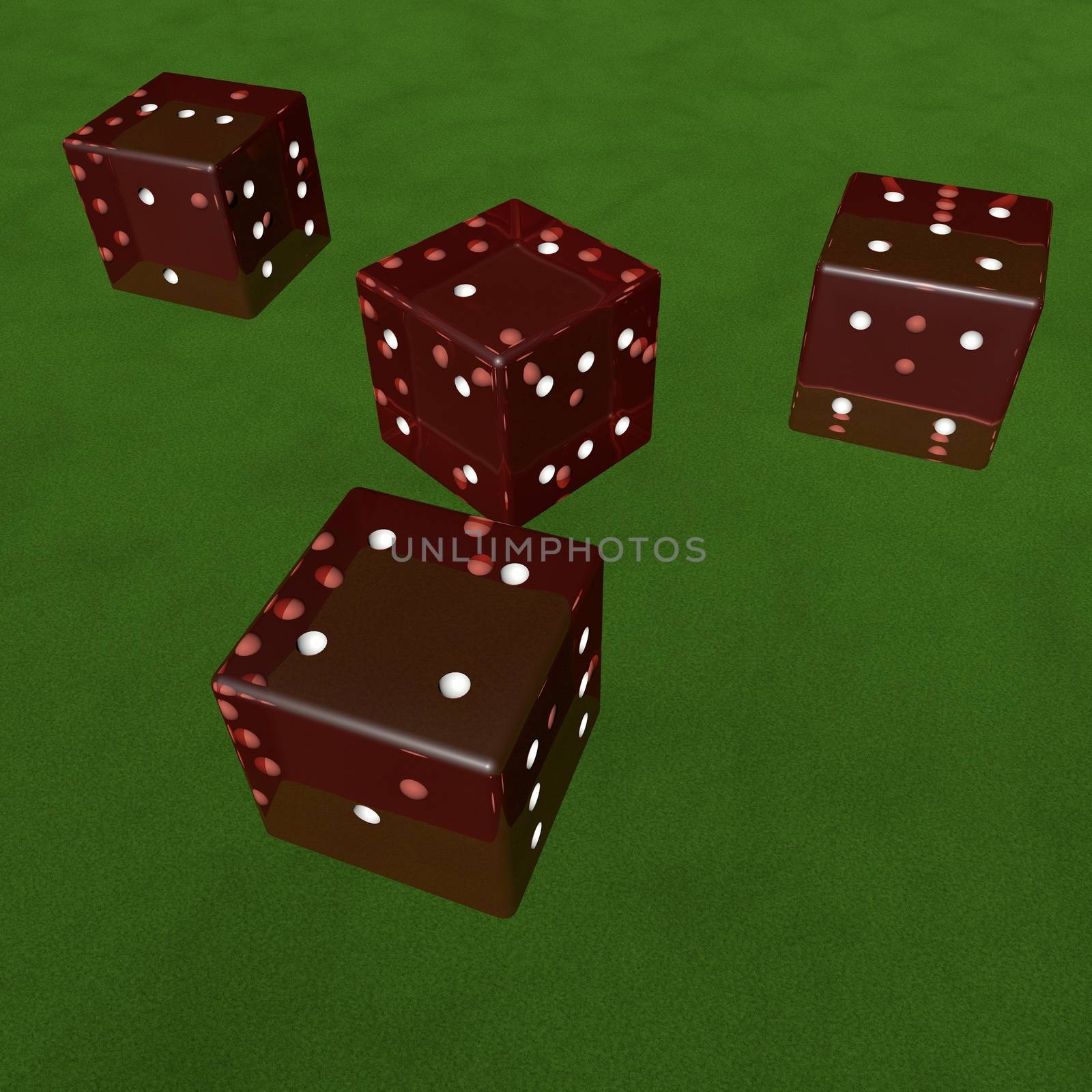 Rolling dice over green carpet, 3d render