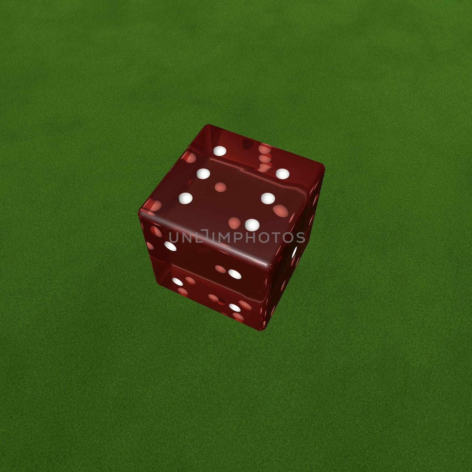 Single die over green carpet, 3d render