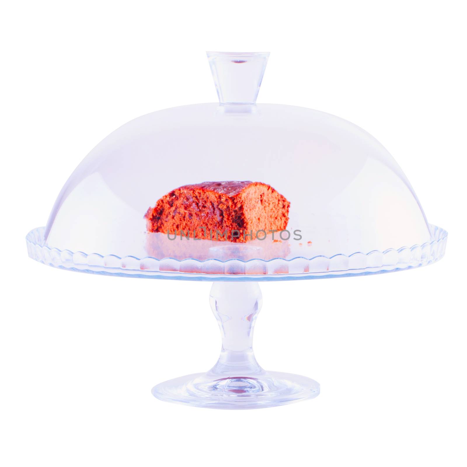 Cake over glass stand, isolated over white