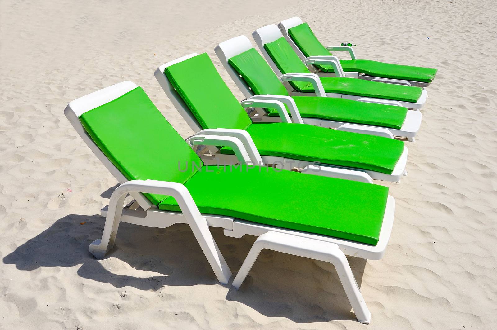 colorful of Deck Chairs on the Beach in Sunny Day ,Pattaya Thailand.