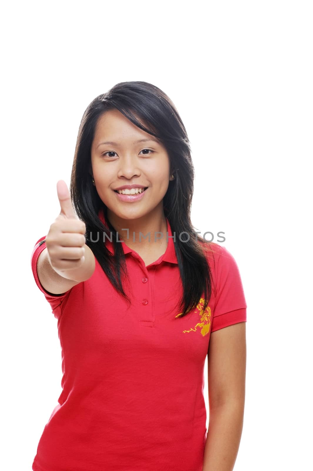 Asian girl in red with thumbs up