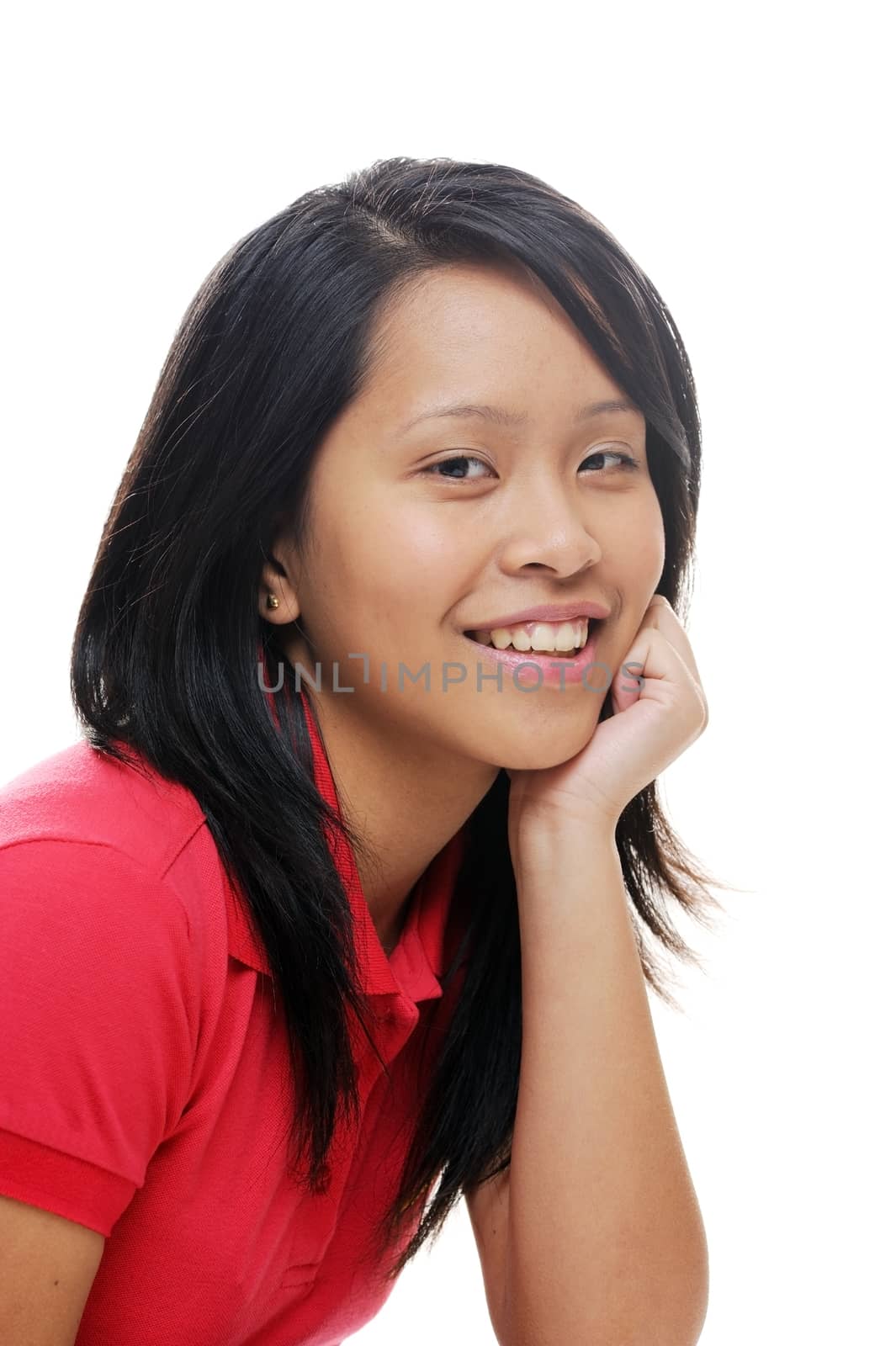 Smiling asian girl wearing a red shirt