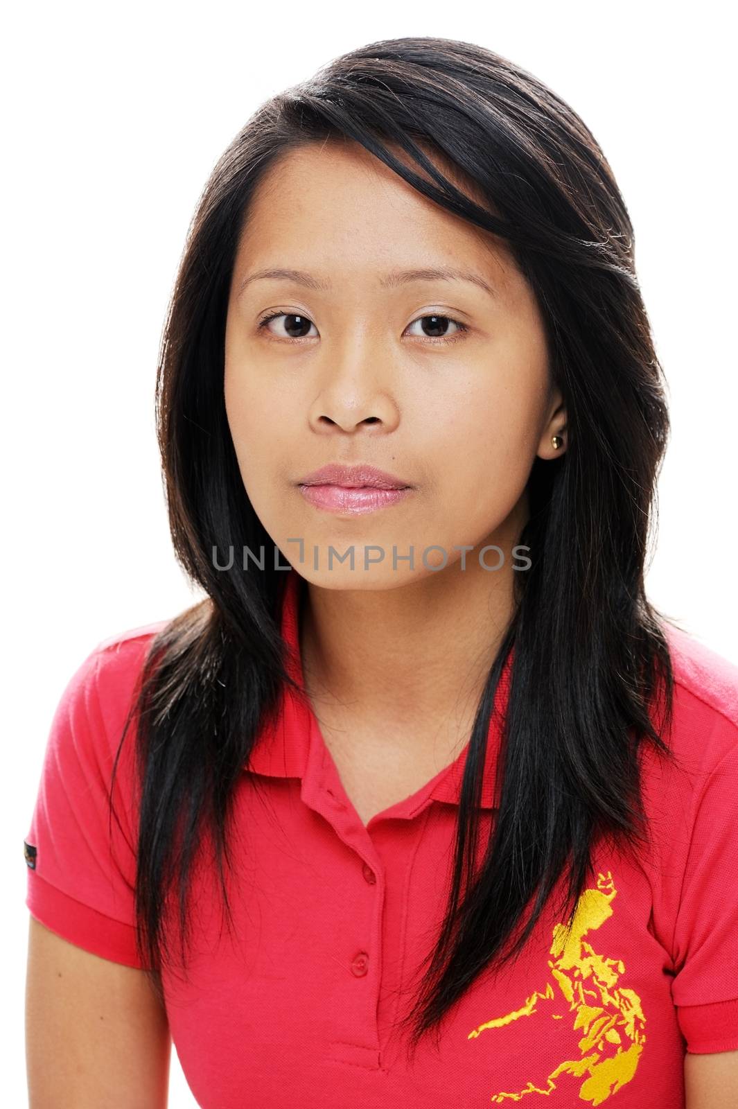 Asian girl looking serious in red shirt