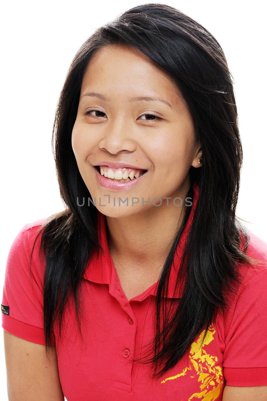 Smiling asian woman wearing red shirt