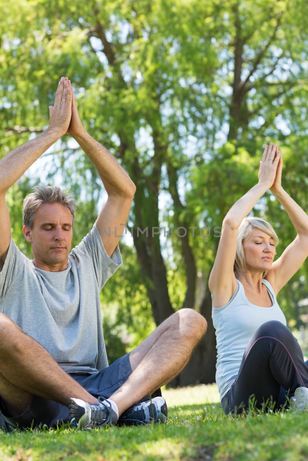 Couple with hands together and raised meditating in the park