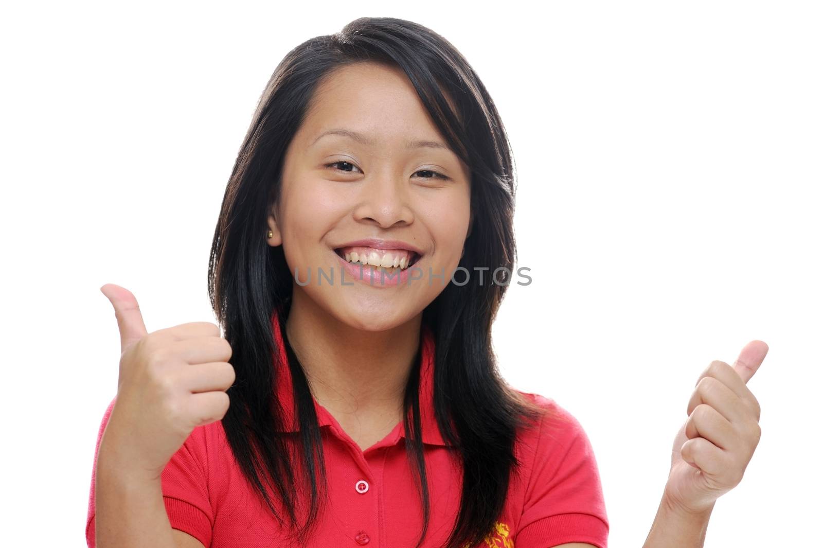 Asian girl in red with thumbs up