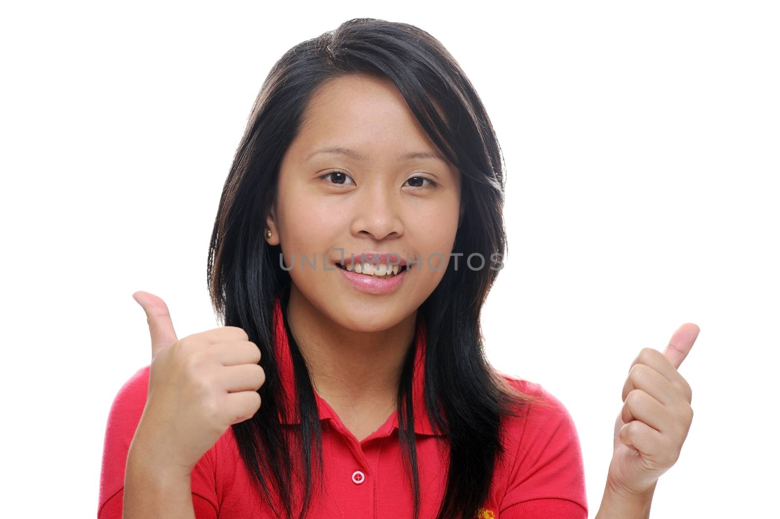 Asian girl looking happy with thumbs up
