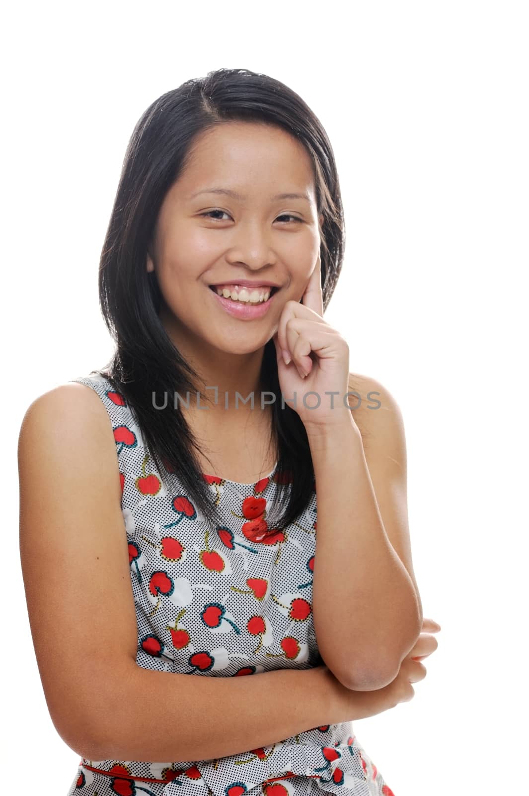 Asian girl laughing and looking cheerful