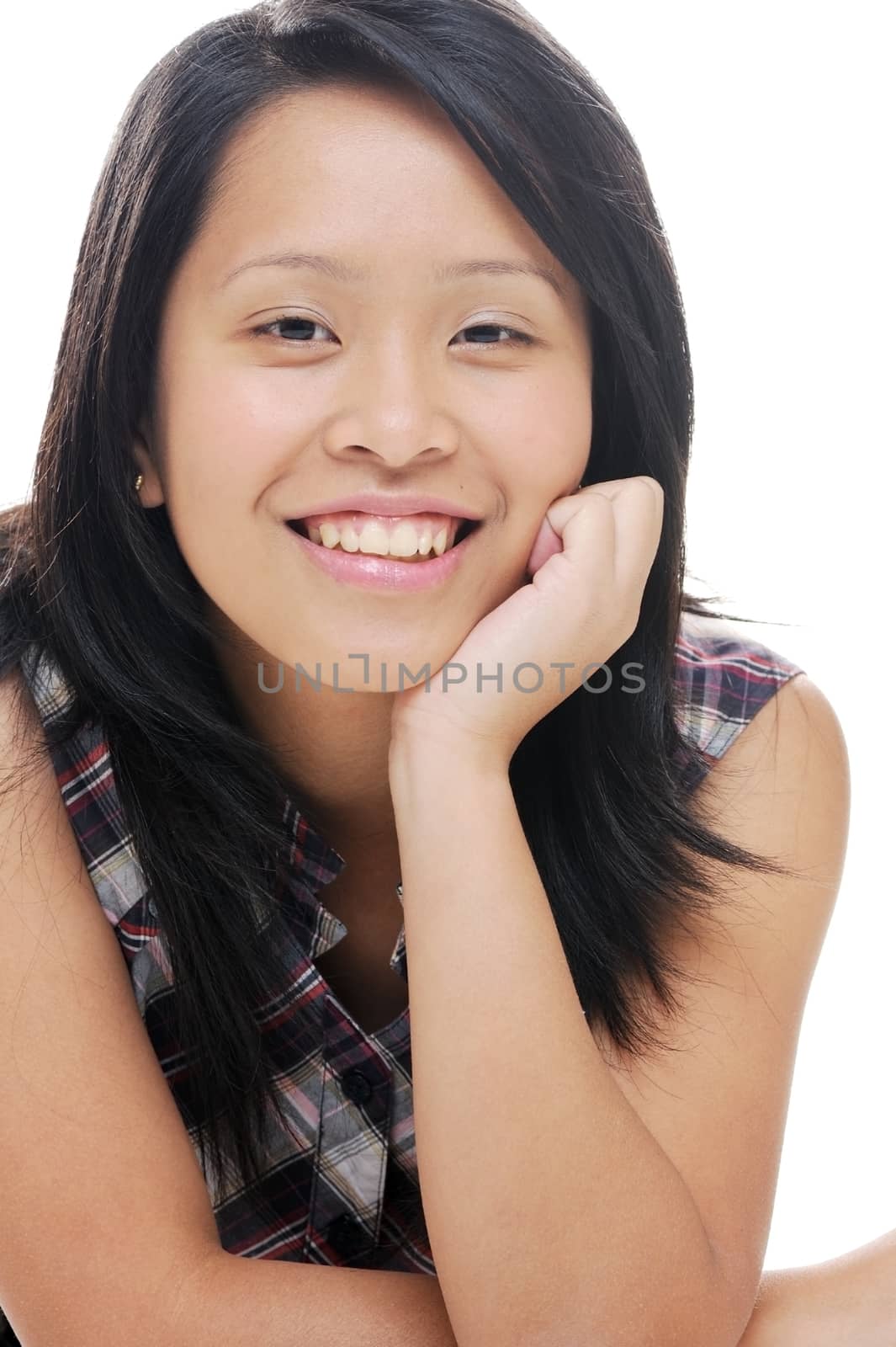 Asian lady looking happy and smiling with brown eyes