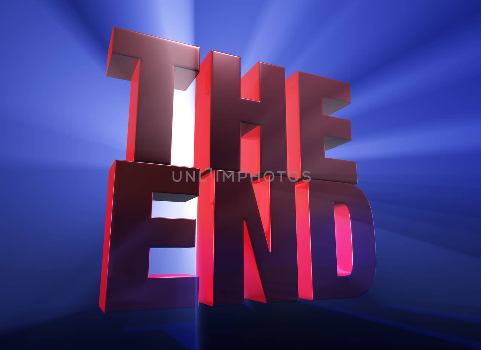Viewed at a dramatic angle, a bold, red "THE END" stands on a dark blue background brilliantly backlit with light rays shining through.