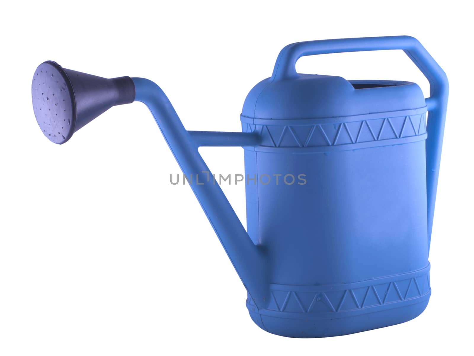 Watering can over white, with focus over the black beak