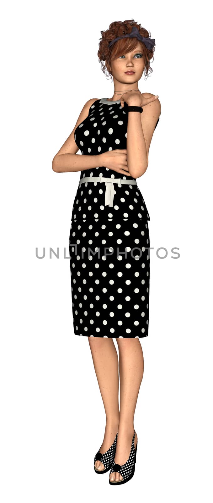 3D digital render of a beautiful retro girl isolated on white background