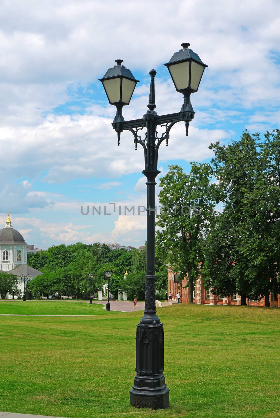 Old forged lantern in a summer park                               