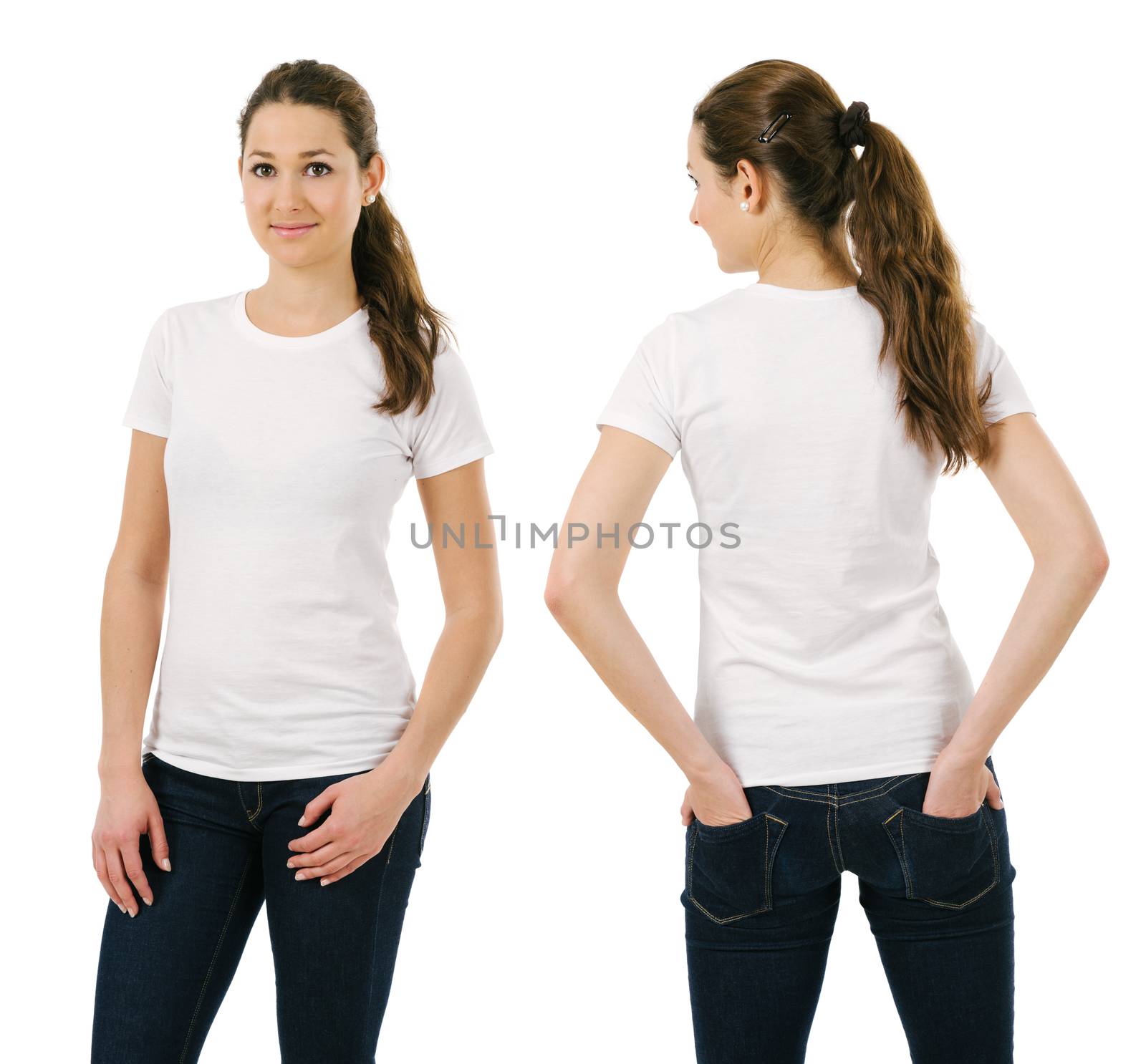 Young smiling woman wearing blank white shirt by sumners