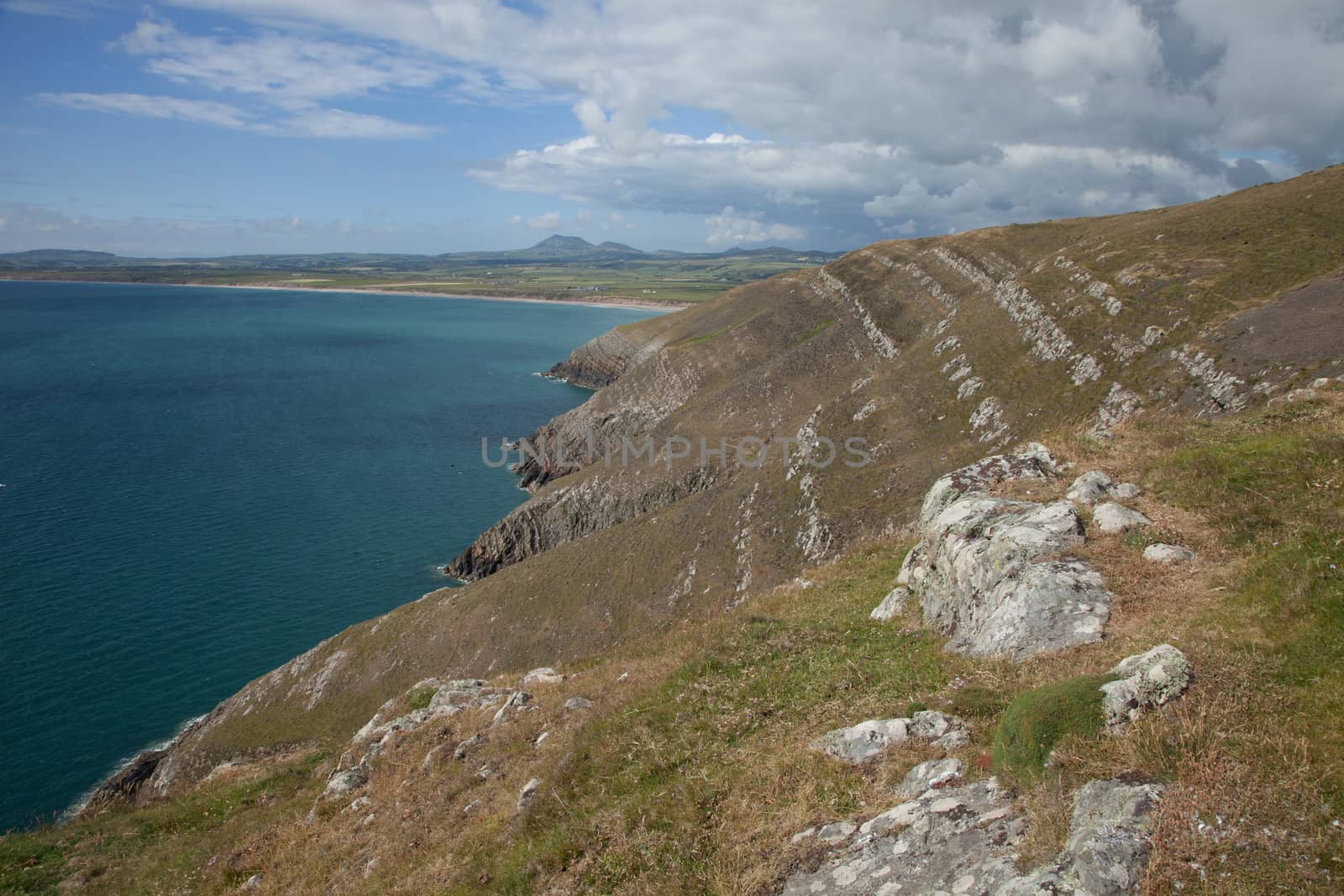 The steep grass banks and cliffs of Cilan Head looking towards the beach at Hell's Mouth, Lleyn peninsular, Gwynedd, Wales, UK.