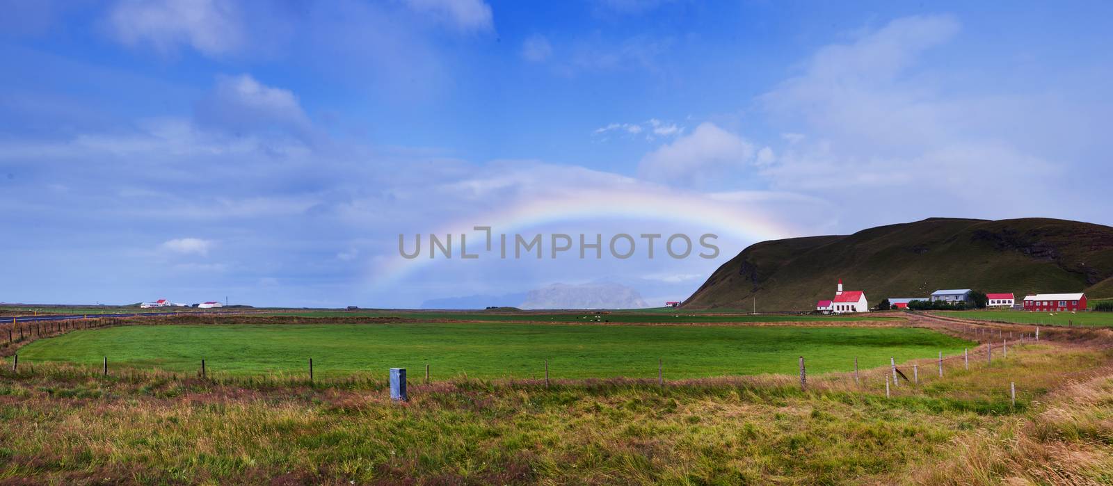 Beautiful Rainbow in Reykjavik area in Iceland. Panorama