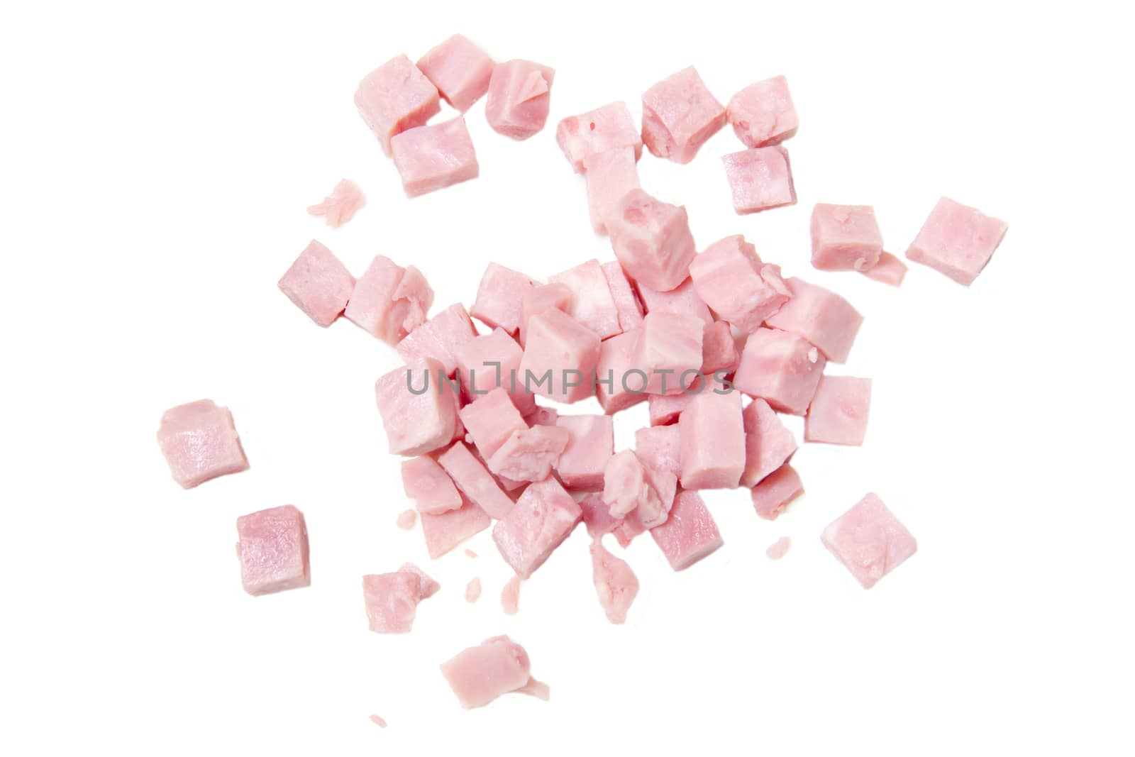 Ham cubes on a white background seen from above