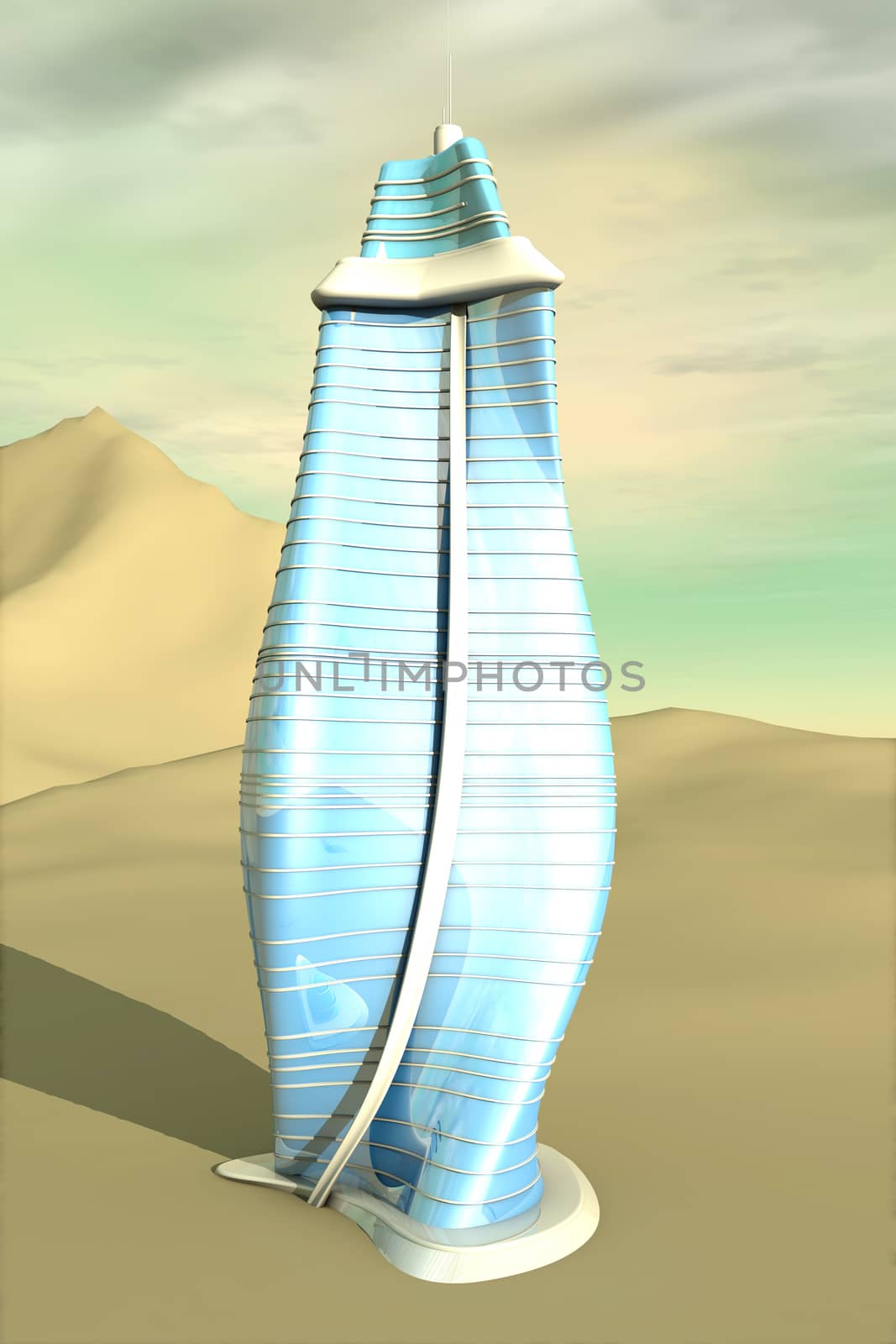 A modern skyscraper in a desert landscape. 3D rendered Illustration.