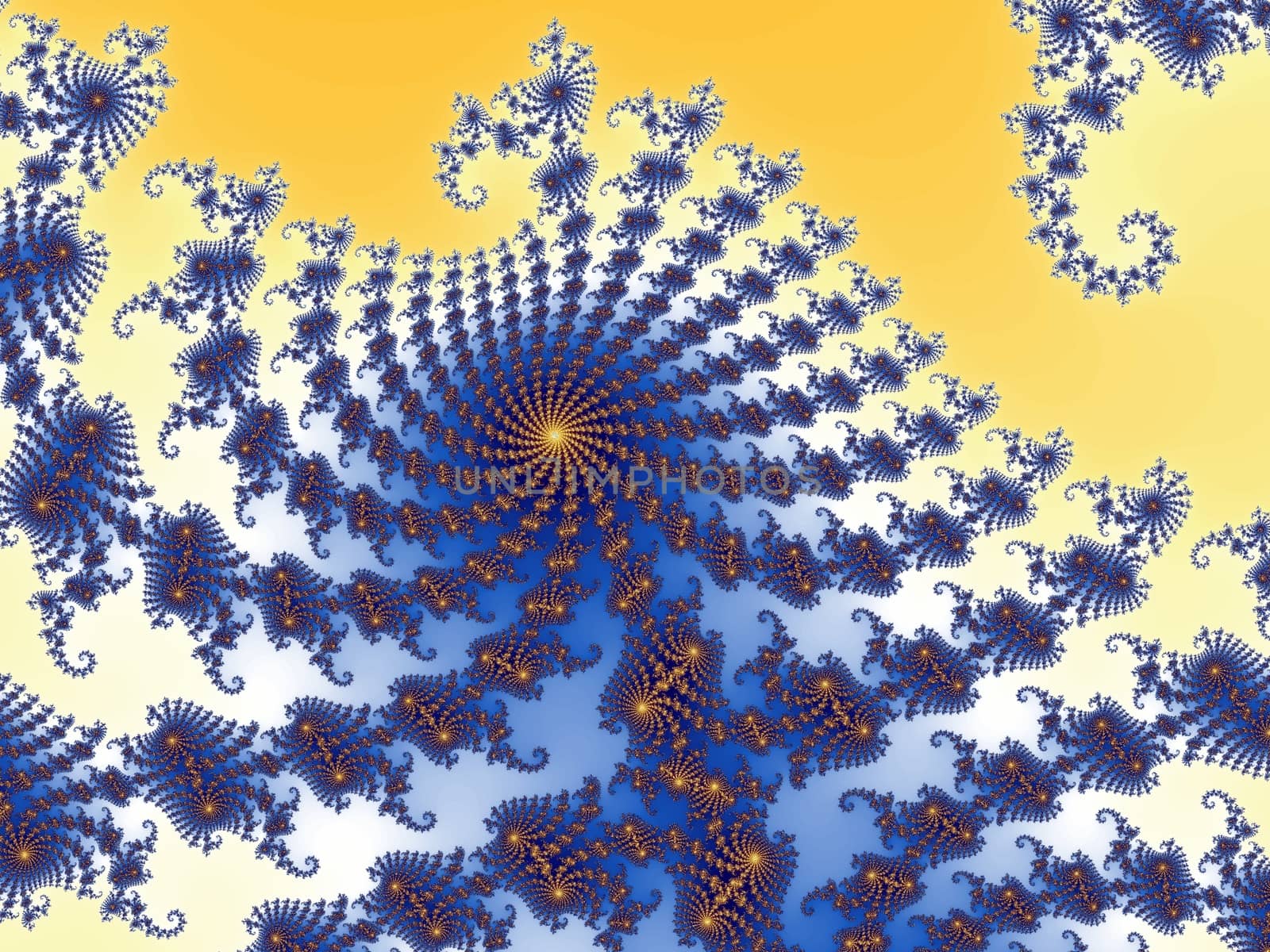 Digital computer graphic - rendering. Patterned fractal background with spirals in a blue colors for design.