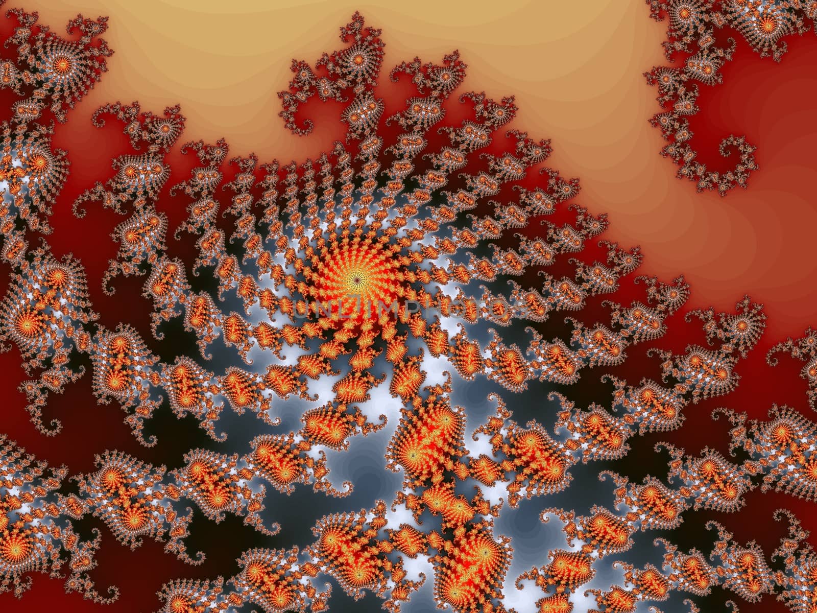 Digital computer graphic - rendering. Patterned fractal background with spirals in a bright colors for design.