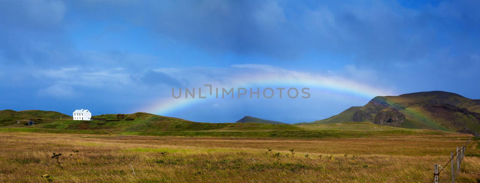 Beautiful Rainbow in Reykjavik area in Iceland. Panorama