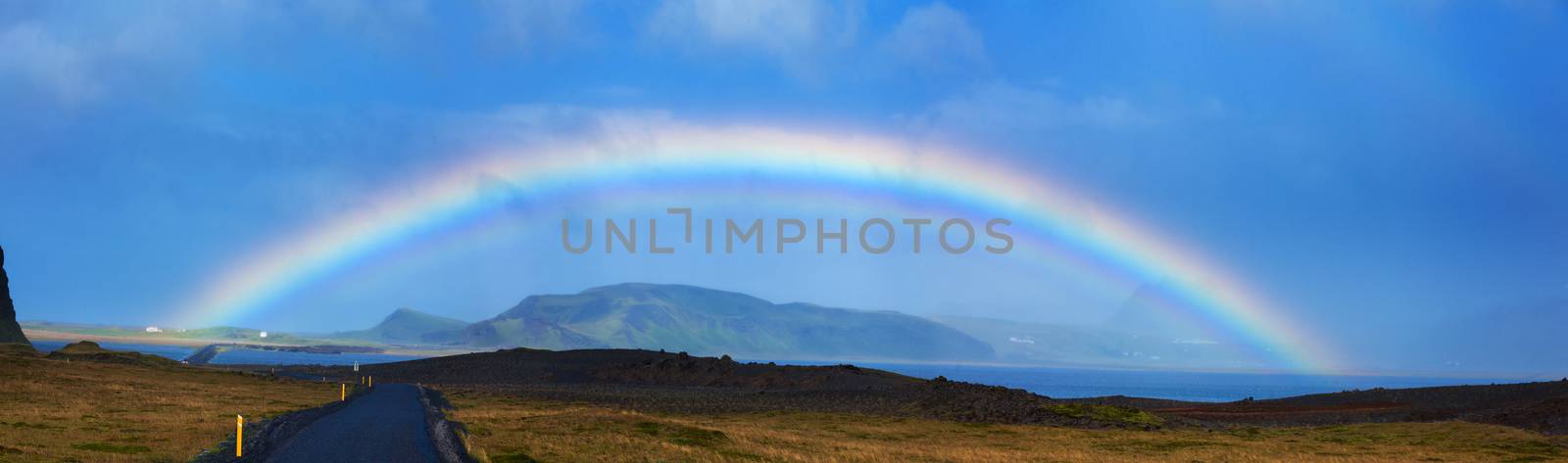 Beautiful Rainbow in Reykjavik area in Iceland. Panorama