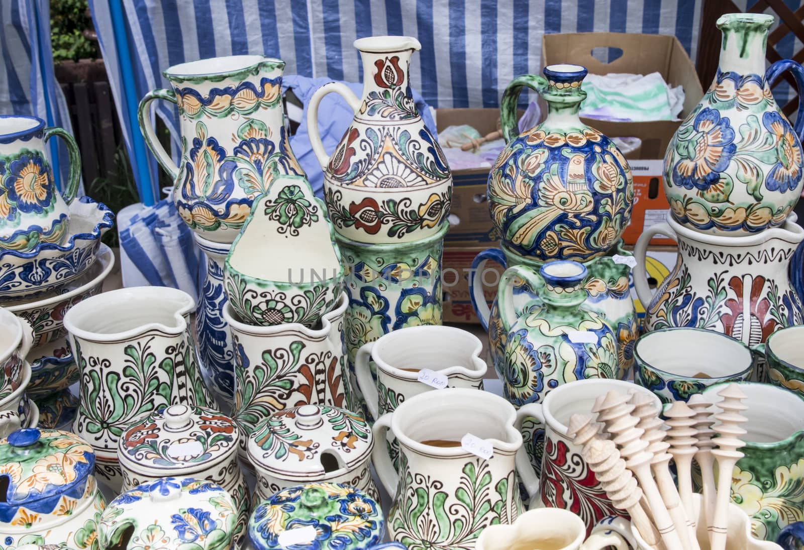Romanian traditional handcrafted pottery plates and jugs