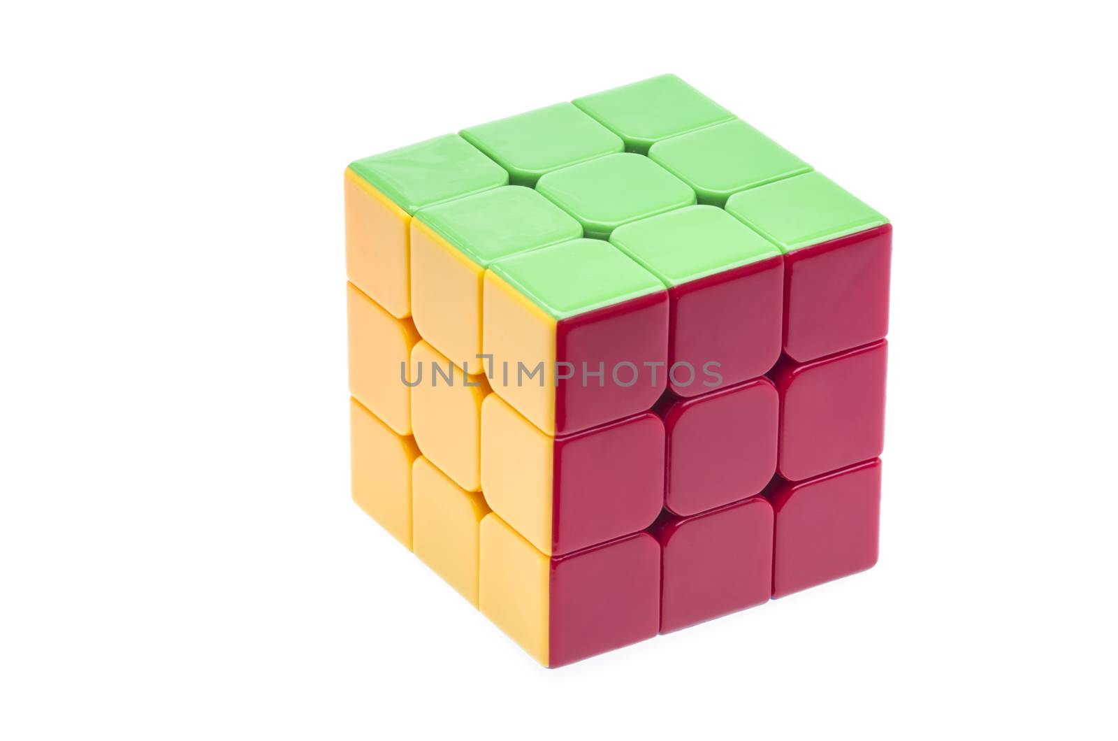 Close up image of a Rubik's cube on white