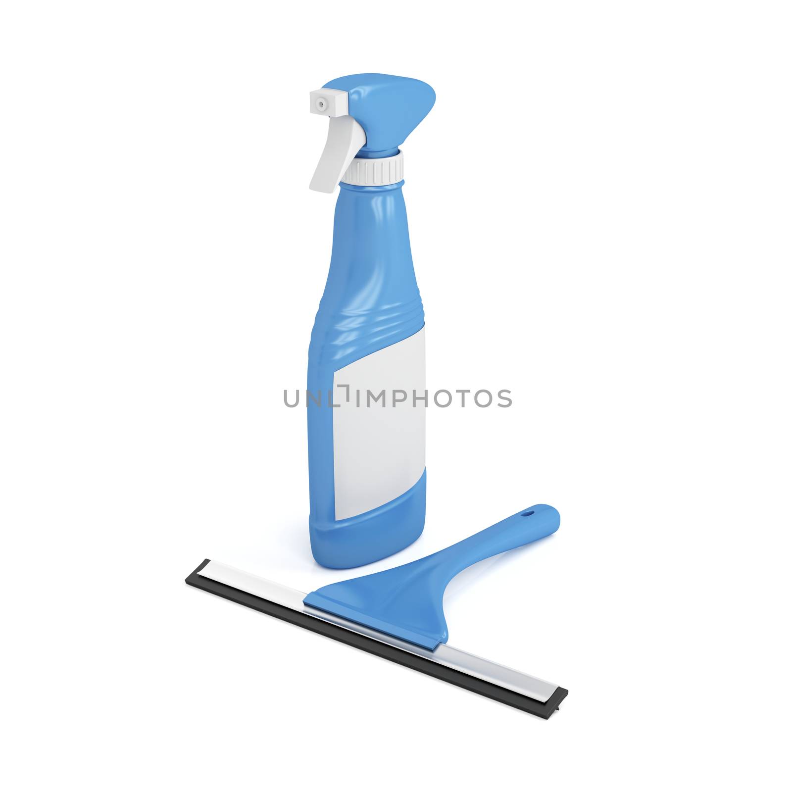 Squeegee and window cleaner spray bottle on white background