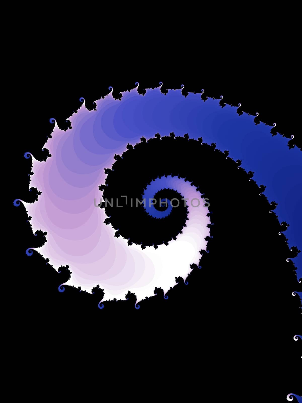 Digital computer graphic - rendering. Patterned fractal spiral on a black background for design.