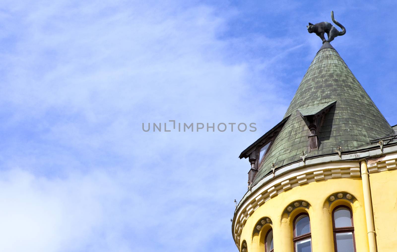 The cat sculpture on the roof of Cat House in Riga, Latvia.