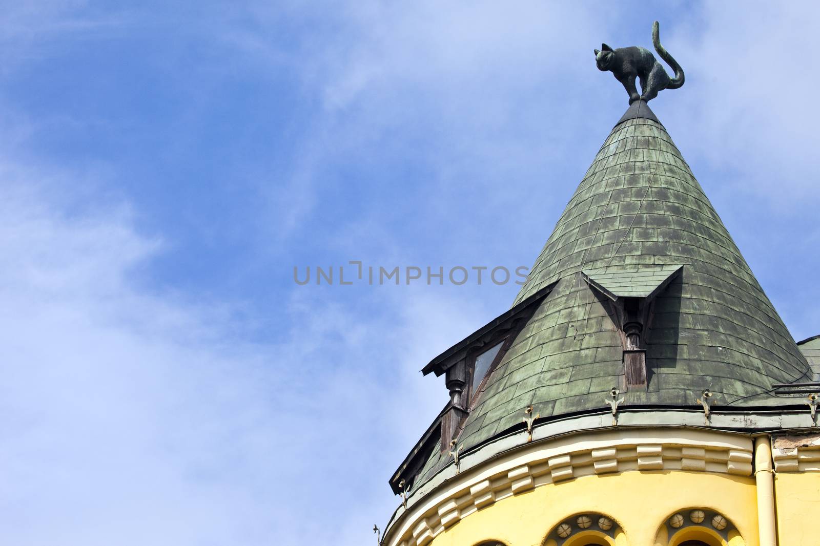 The cat sculpture on the roof of Cat House in Riga, Latvia.