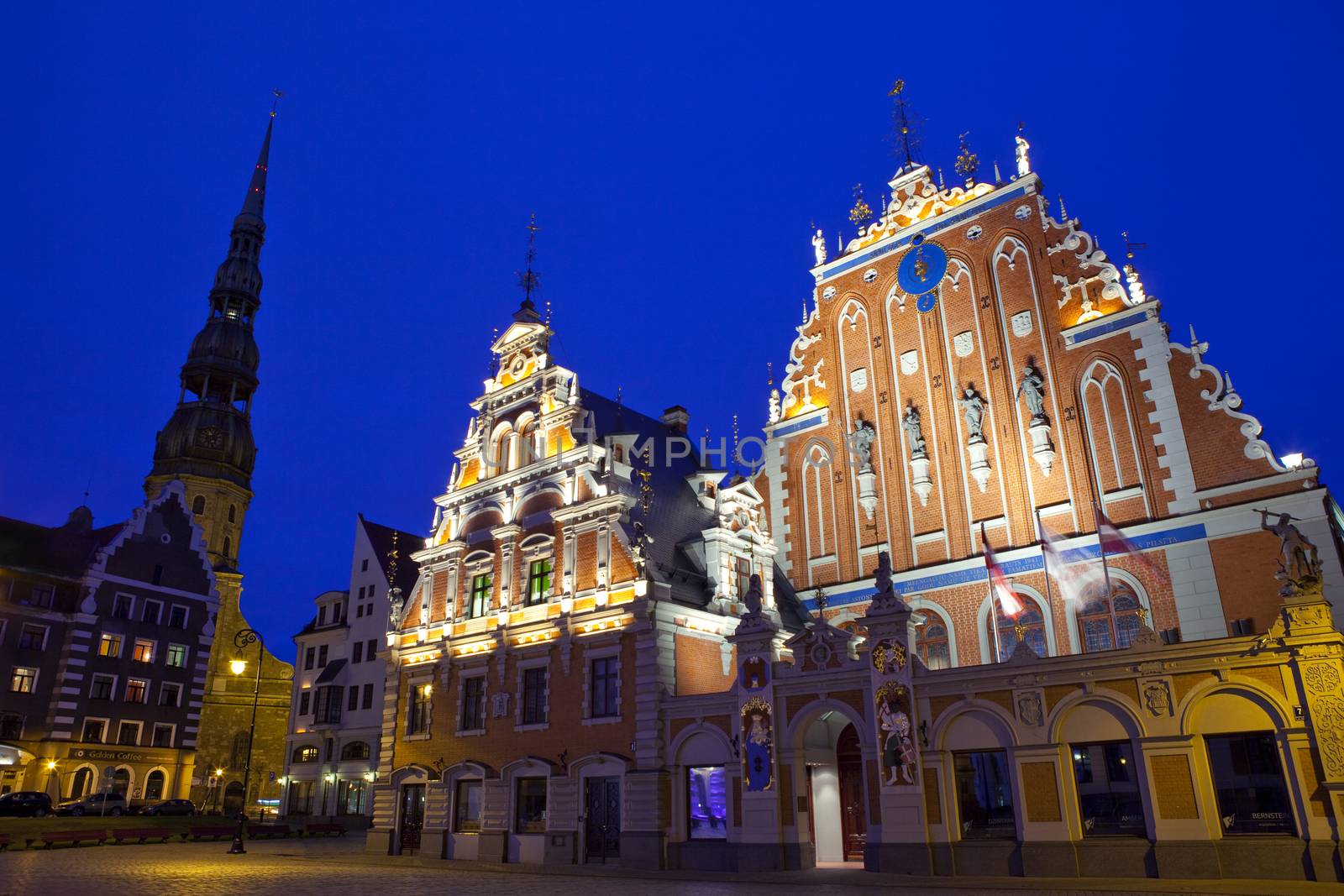 The beautiful House of the Blackheads and St. Peter's Curch in Riga, Latvia.
