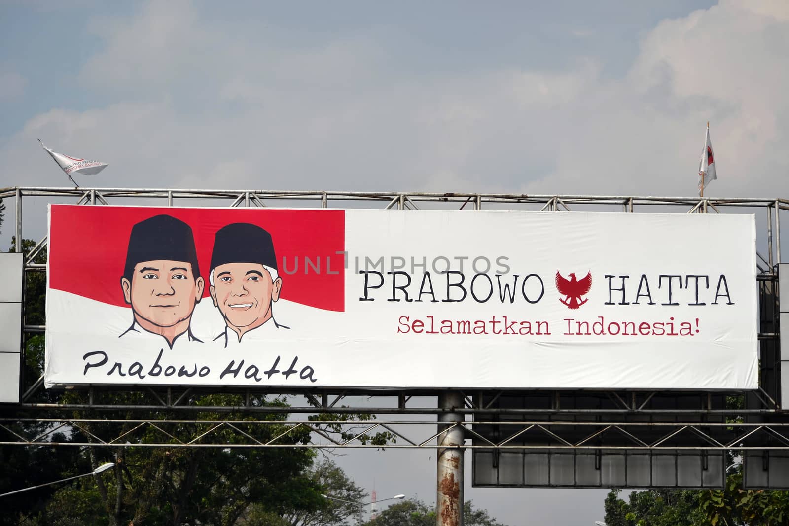 bandung, indonesia-july 3, 2014: prabowo hatta rajasa political billboard shown for indonesian election 2014.