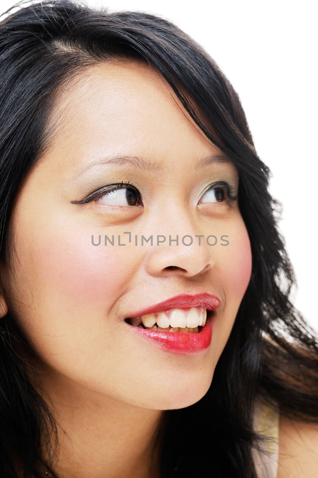 Asian lady looking away with smiling face