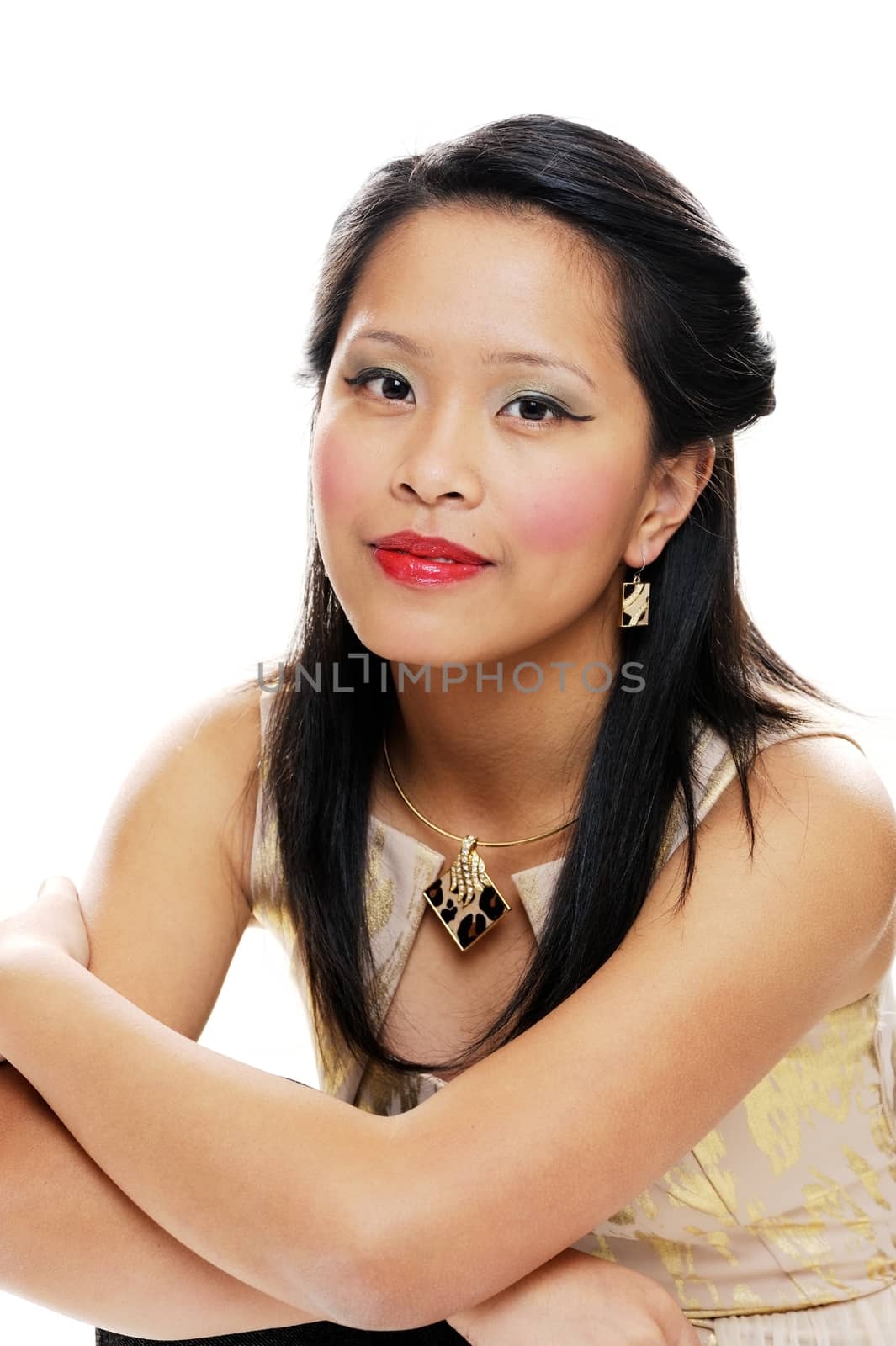 Asian woman looking happy and relaxed with makeup