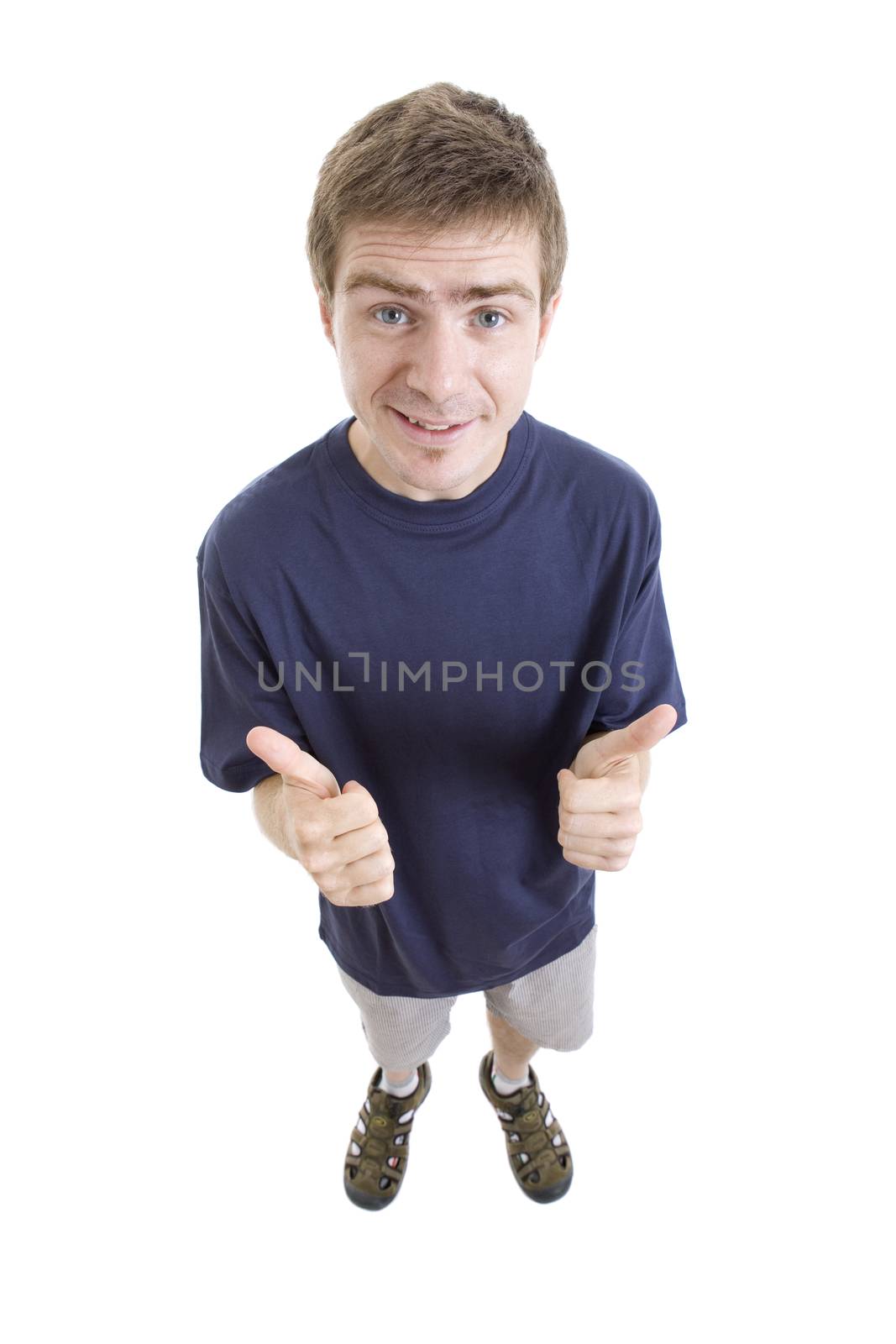 young happy casual man, full body, going thumb up, isolated